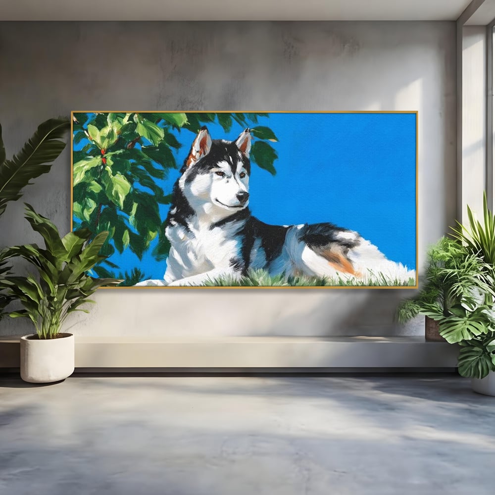 Tablou canvas cu tablou canvas cu husky sub copac, in rama de aluminiu auriu